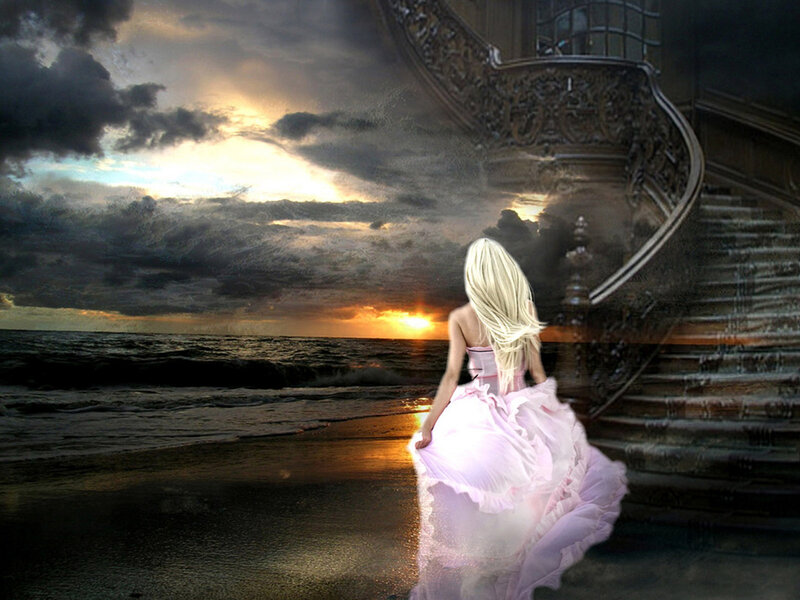 Woman in Pink Dress — Dramatic, Sunset, Digital Art, Ocean