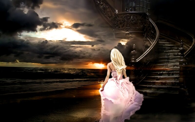 Woman in Pink Dress — Dramatic, Sunset, Digital Art, Staircase
