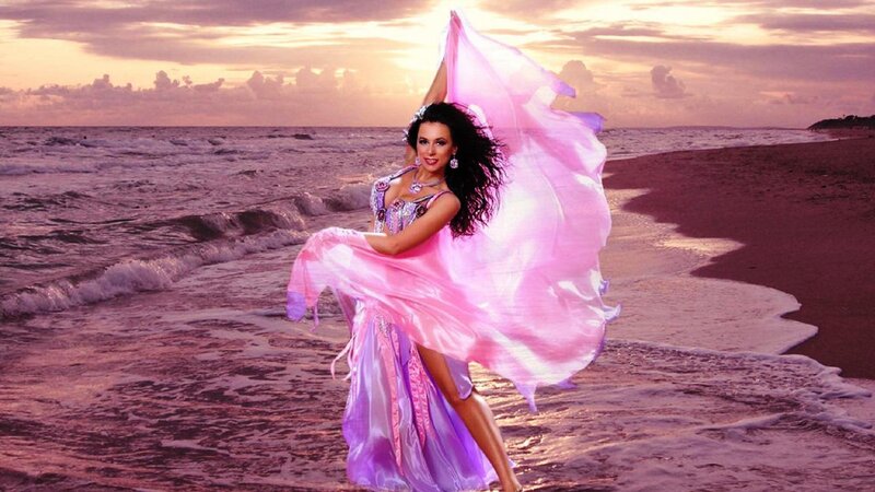 Woman in Pink Dress — Dramatic, Sunset, Photograph, Beach