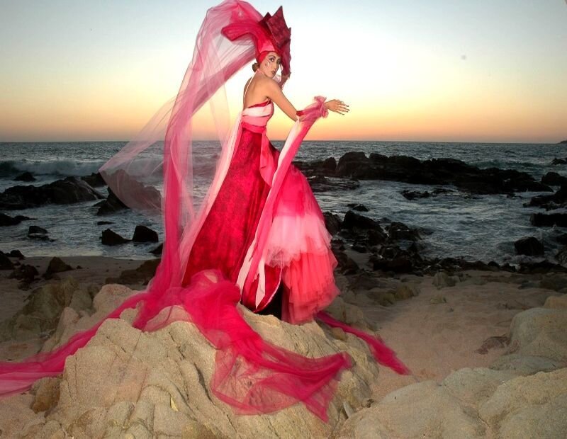 Woman in Pink Dress — Dramatic, Sunset, Photograph