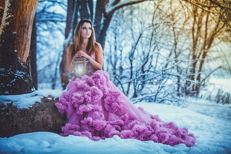 Woman in Pink Dress — Dramatic, Winter, Photograph, Snow, Tree