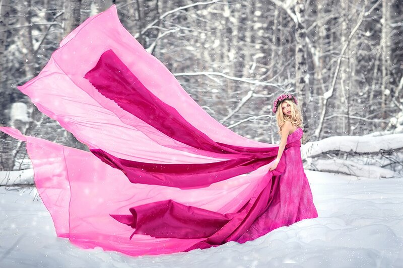 Woman in Pink Dress — Dramatic, Winter, Photograph