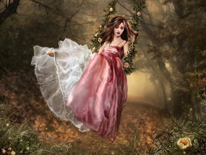 Woman in Pink Dress — Dreamy, Autumn, Digital Art, Forest