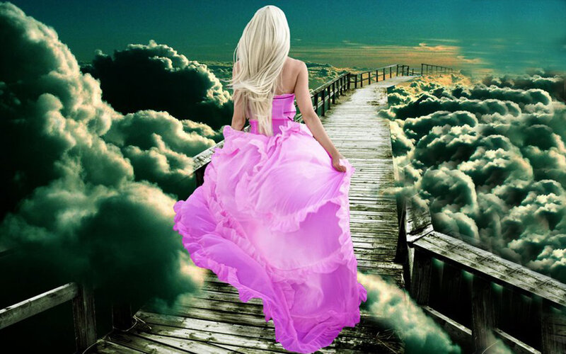 Woman in Pink Dress — Dreamy, Digital Art, Clouds