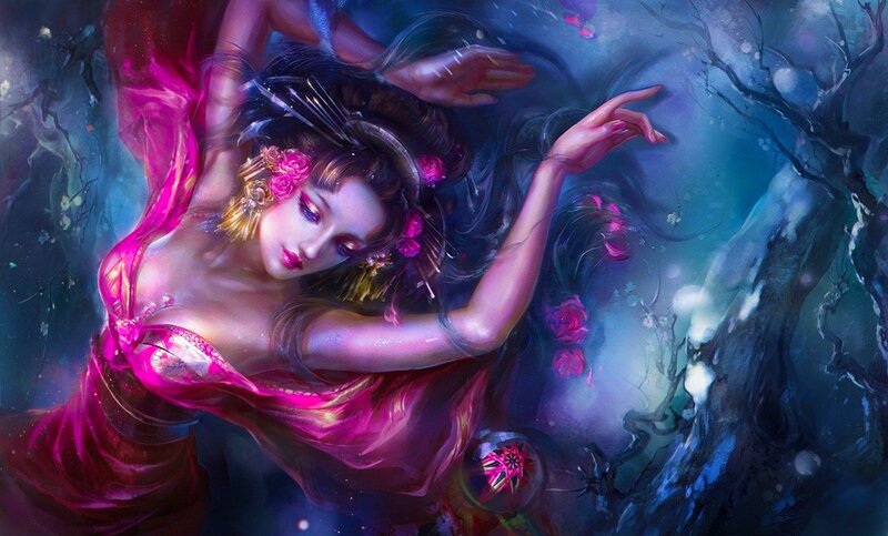 Woman in Pink Dress — Dreamy, Night, Digital Art, Flowers