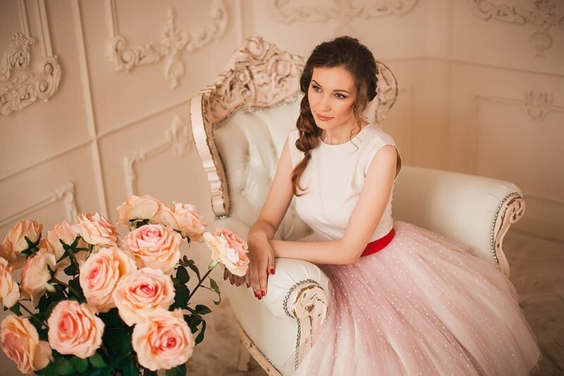Woman in Pink Dress — Elegant, Photograph, Flowers