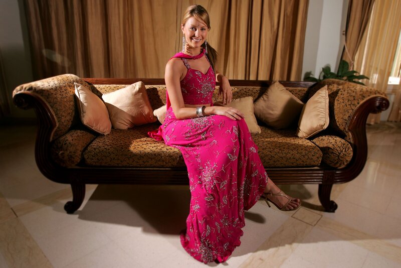 Woman in Pink Dress — Formal, Photograph, Couch