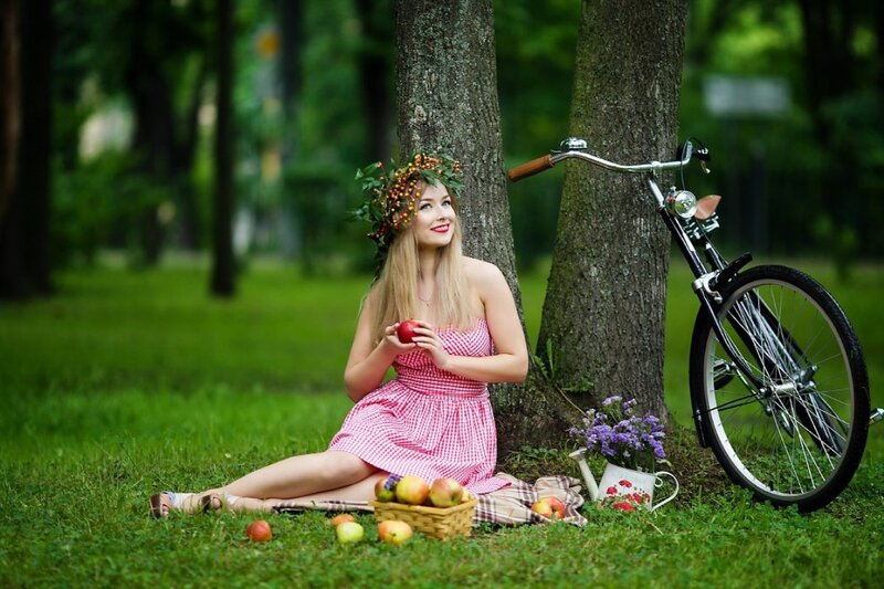 Woman in Pink Dress — Green, Serene, Afternoon, Photograph, Bicycle