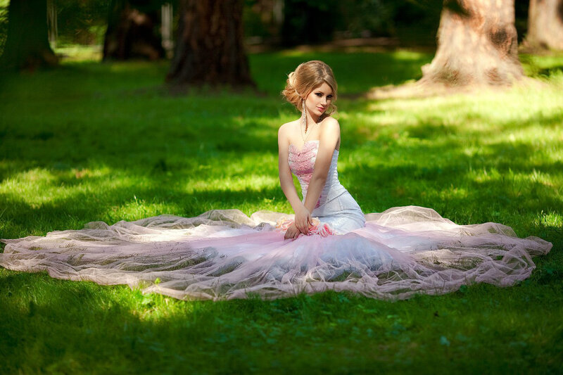 Woman in Pink Dress — Green, Serene, Afternoon, Photograph, Grass