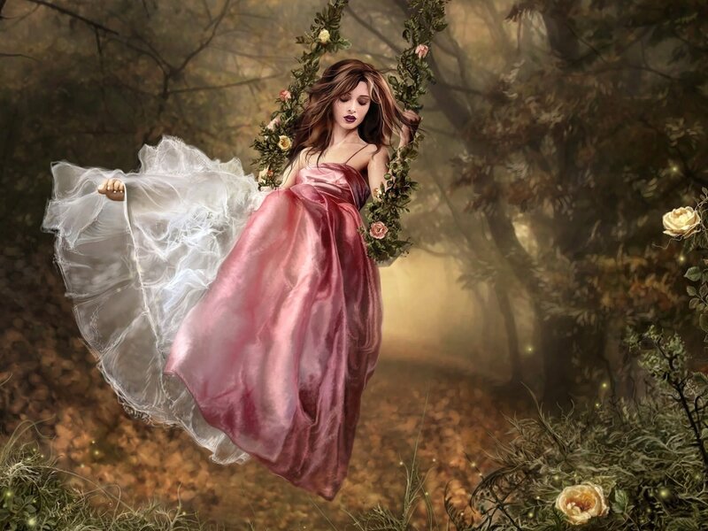 woman in pink dress on floral swing