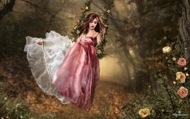 woman in pink dress on floral swing