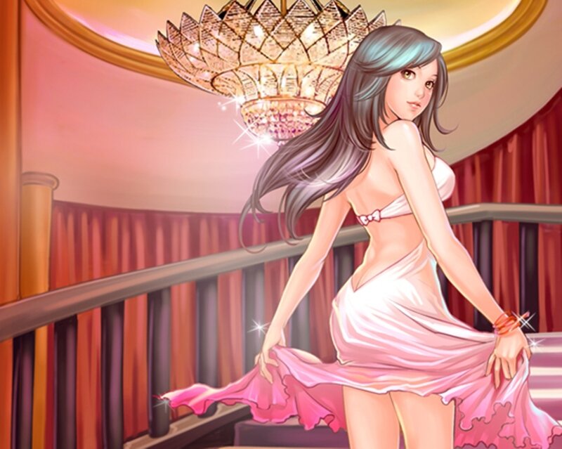woman in pink dress on staircase