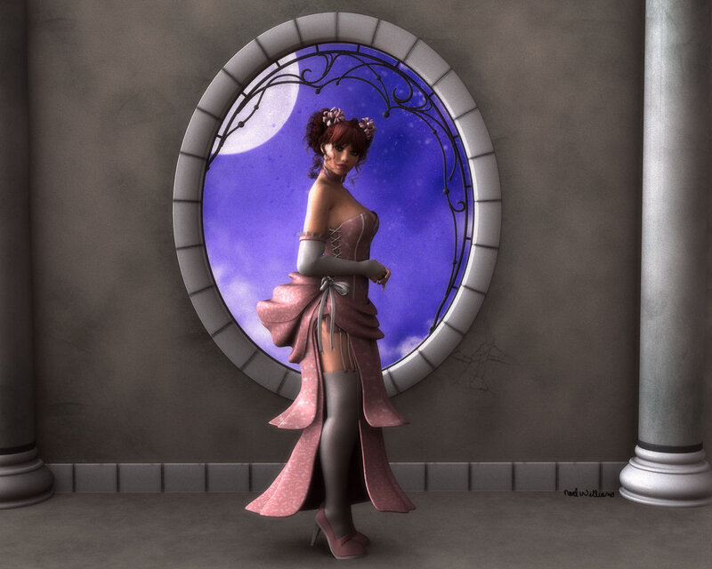 Woman in Pink Dress — Purple, Dramatic, Night, 3d Render