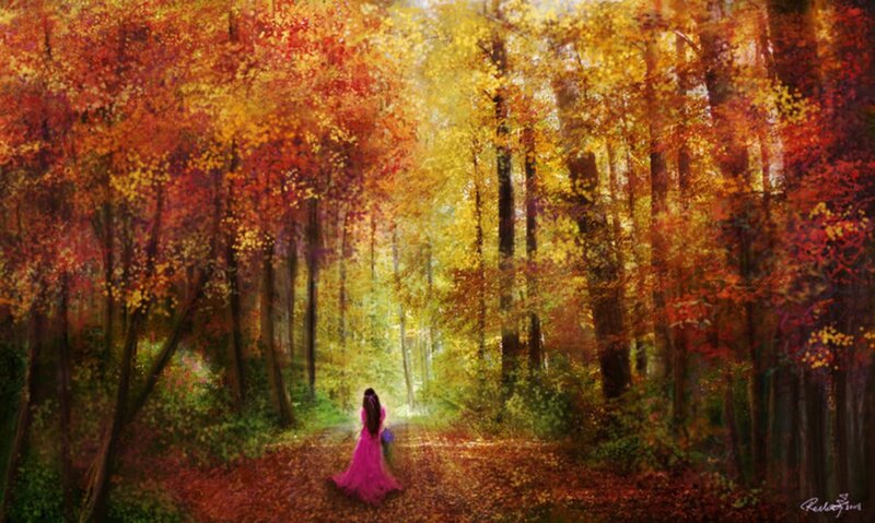 Woman in Pink Dress — Red, Serene, Autumn
