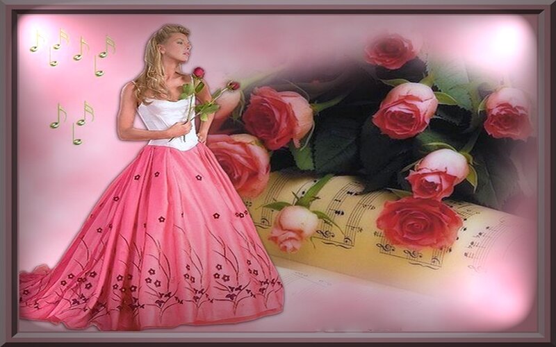 Woman in Pink Dress — Romantic, Digital Art, Roses