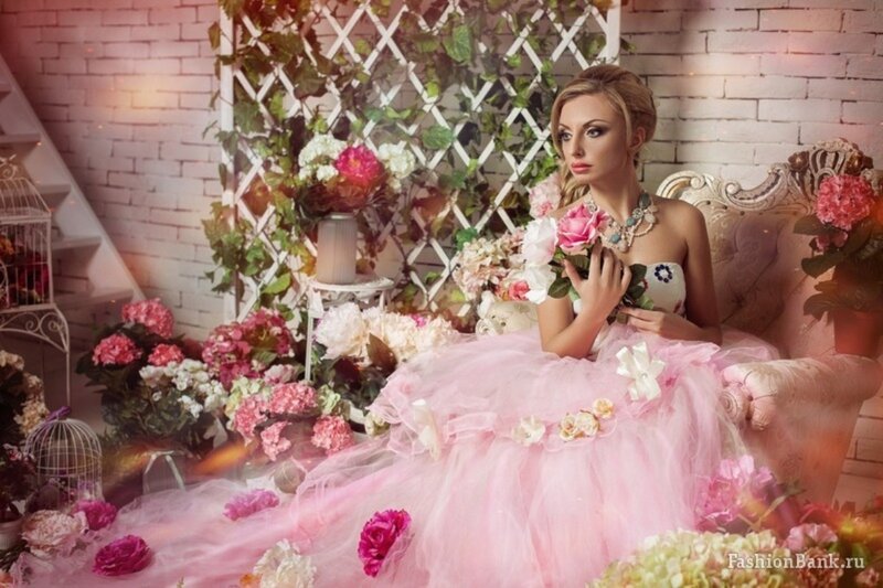 Woman in Pink Dress — Romantic, Photograph, Flowers, Couch