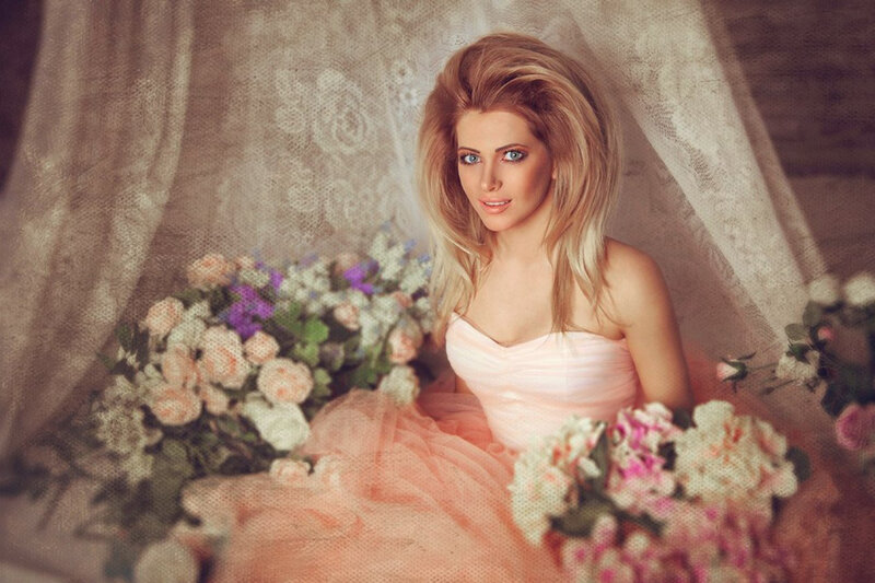 Woman in Pink Dress — Romantic, Photograph, Flowers, Lace Curtain