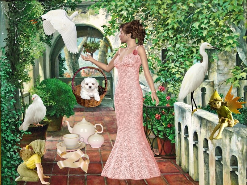 Woman in Pink Dress — Serene, Afternoon, Digital Art, Dog