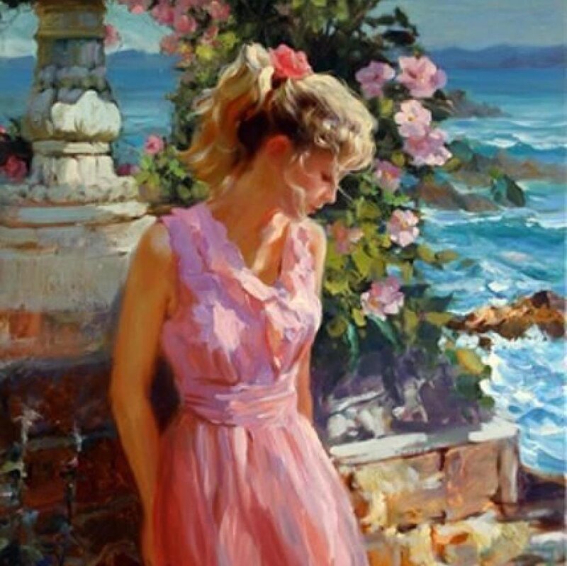 Woman in Pink Dress — Serene, Afternoon, Painting, Flowers, Sea