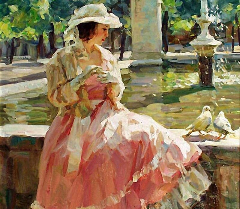 Woman in Pink Dress — Serene, Afternoon, Painting, Pigeons