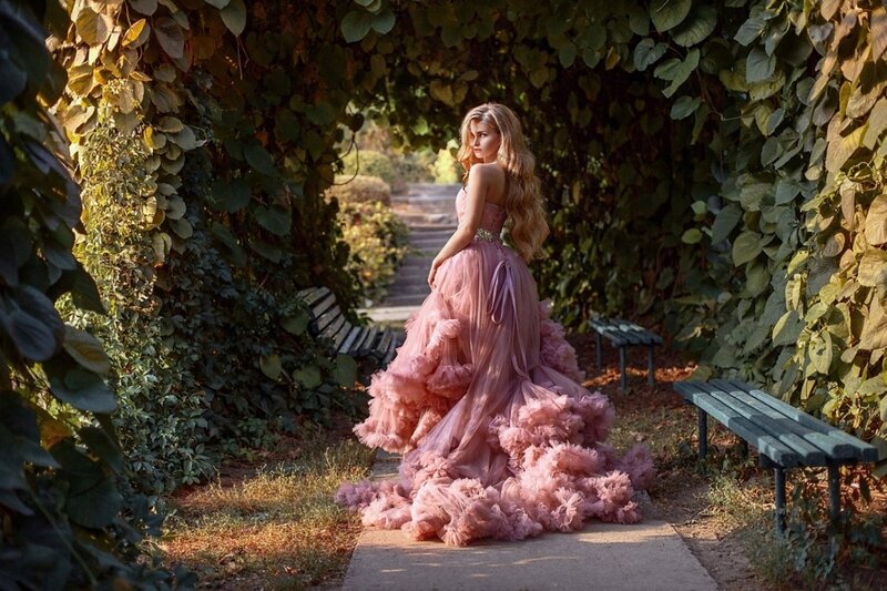 Woman in Pink Dress — Serene, Afternoon, Photograph, Bench