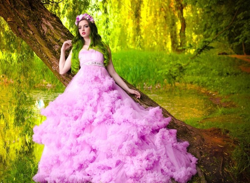 Woman in Pink Dress — Serene, Afternoon, Photograph, Flower Crown, Tree
