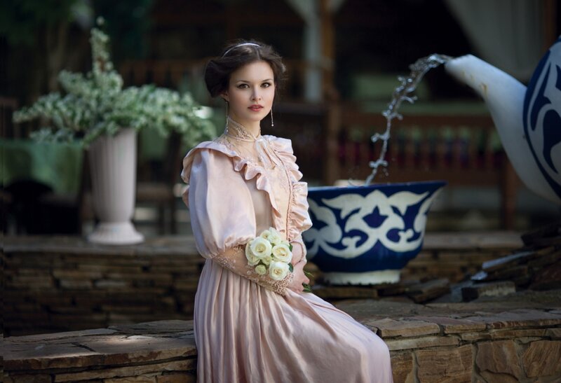 Woman in Pink Dress — Serene, Afternoon, Photograph, Flowers, Fountain