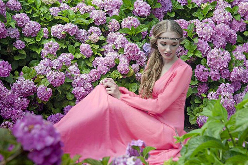 Woman in Pink Dress — Serene, Afternoon, Photograph, Flowers, Headband