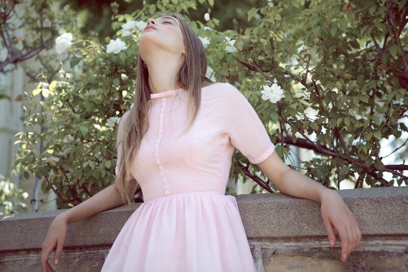 Woman in Pink Dress — Serene, Afternoon, Photograph, Flowers, Wall