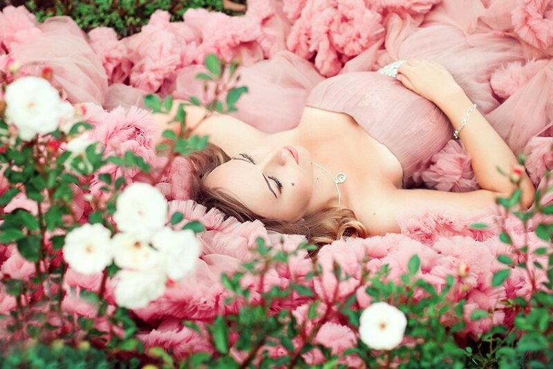 Woman in Pink Dress — Serene, Afternoon, Photograph, Flowers, White Roses