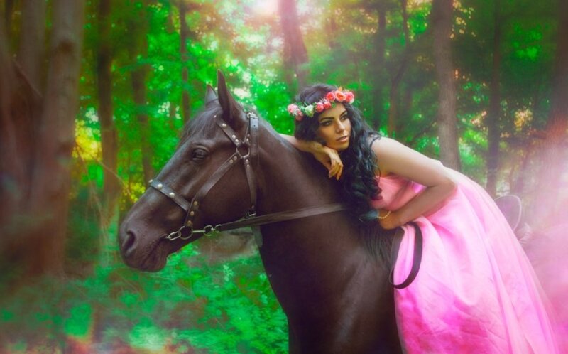Woman in Pink Dress — Serene, Afternoon, Photograph, Horse, Flower Crown