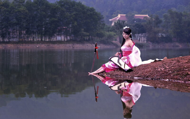 Woman in Pink Dress — Serene, Afternoon, Photograph, Sword