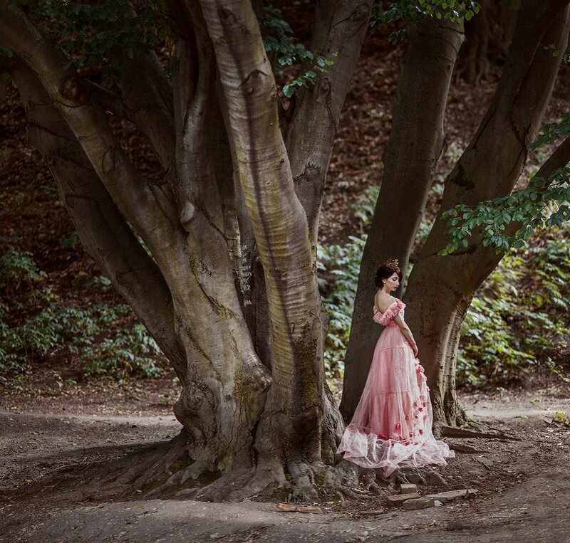 Woman in Pink Dress — Serene, Afternoon, Photograph, Tree, Forest