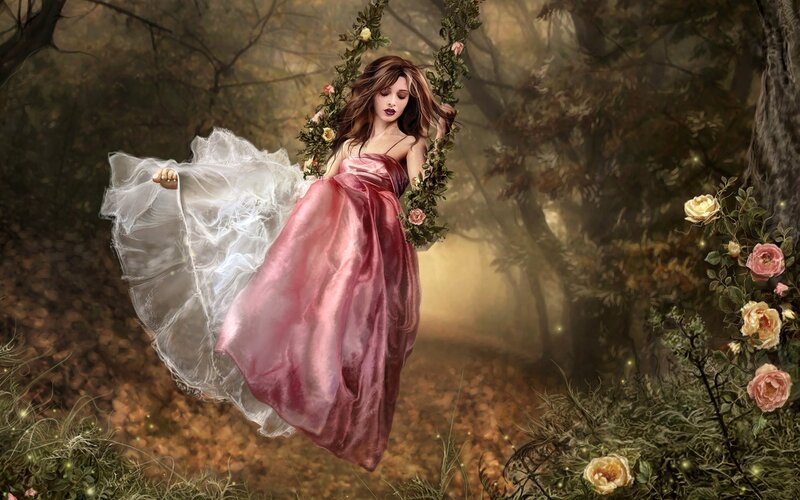 Woman in Pink Dress — Serene, Autumn, Digital Art, Forest