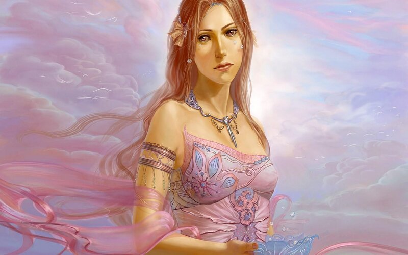 Woman in Pink Dress — Serene, Digital Art, Clouds