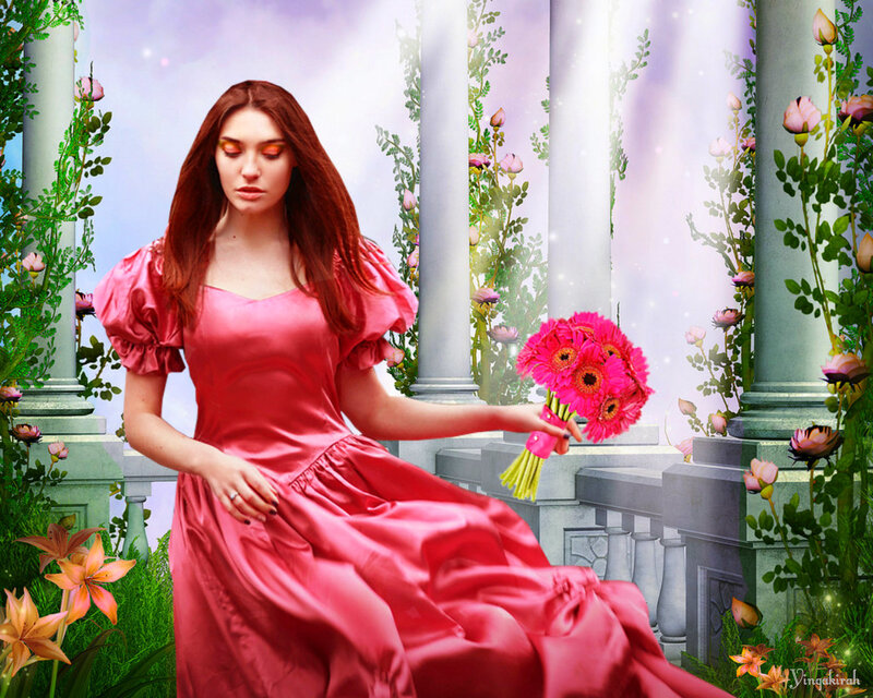 Woman in Pink Dress — Serene, Digital Art, Flowers, Columns