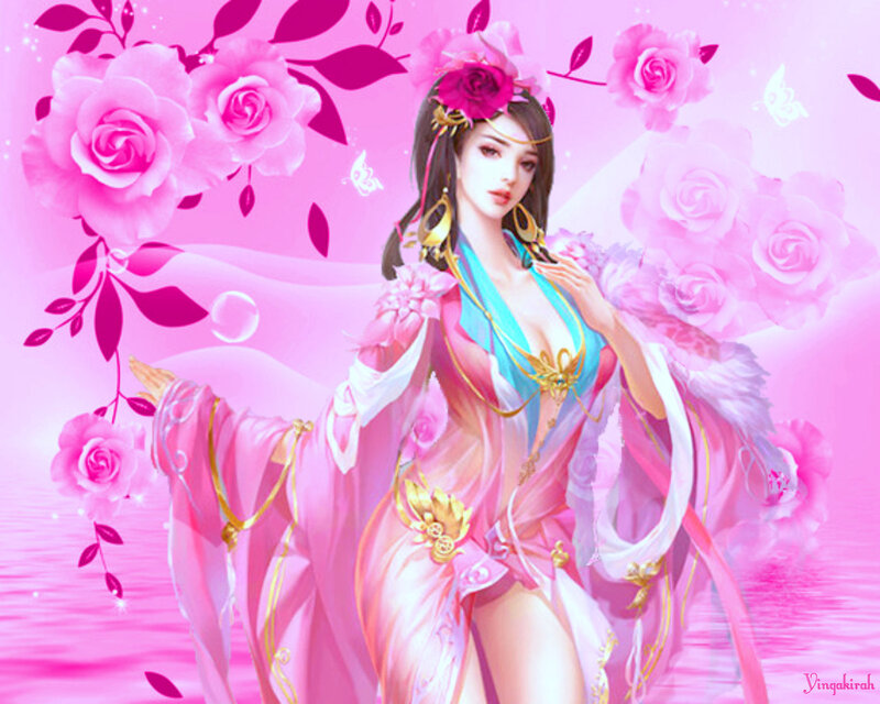 Woman in Pink Dress — Serene, Digital Art, Roses