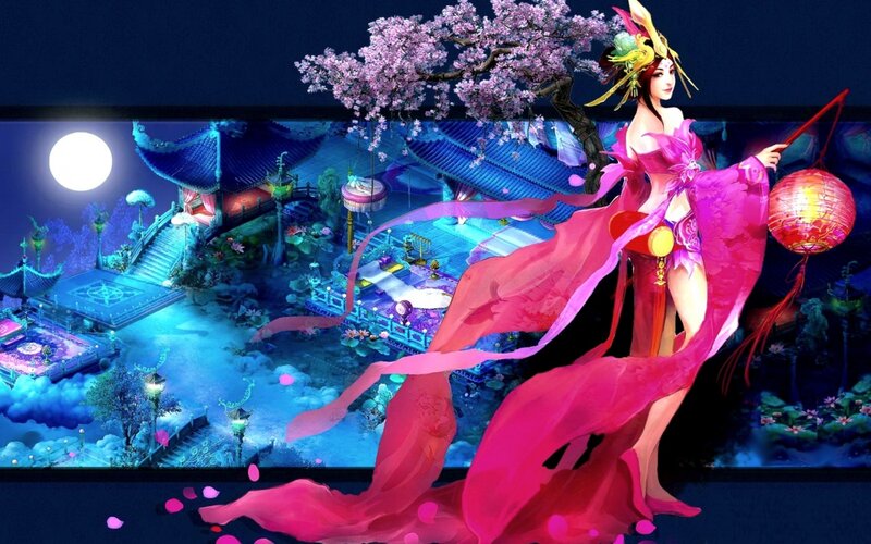 Woman in Pink Dress — Serene, Night, Digital Art, Lantern