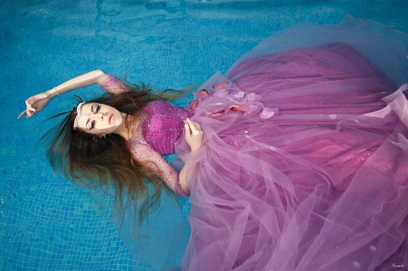 Woman in Pink Dress — Serene, Photograph, Pool