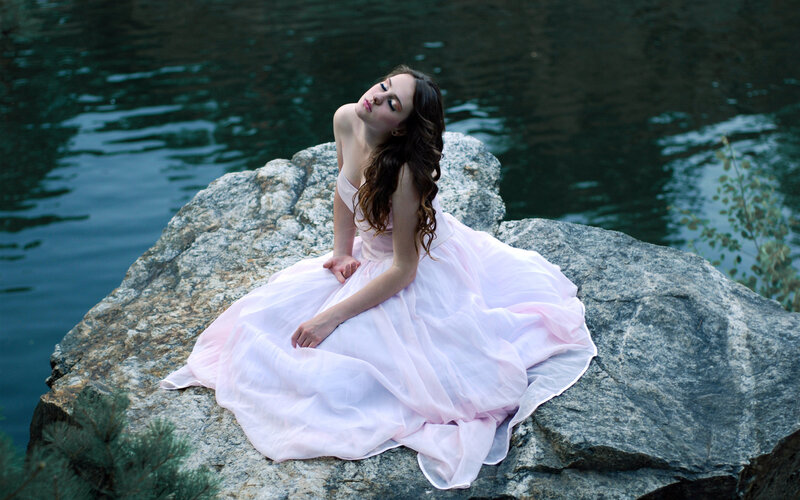 Woman in Pink Dress — Serene, Photograph, Rock