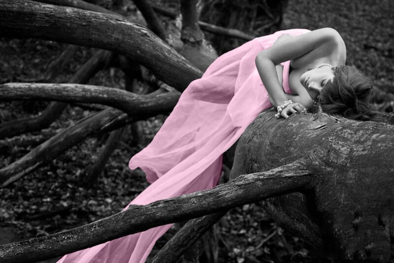 Woman in Pink Dress — Serene, Photograph, Tree Trunk