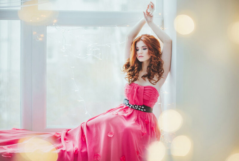Woman in Pink Dress — Serene, Photograph, Window, String Lights