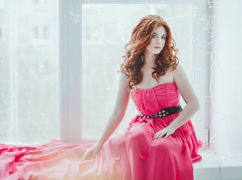 Woman in Pink Dress — Serene, Photograph, Window