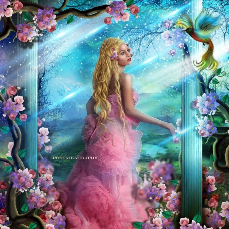 Woman in Pink Dress — Serene, Spring, Digital Art, Bird, Flowers