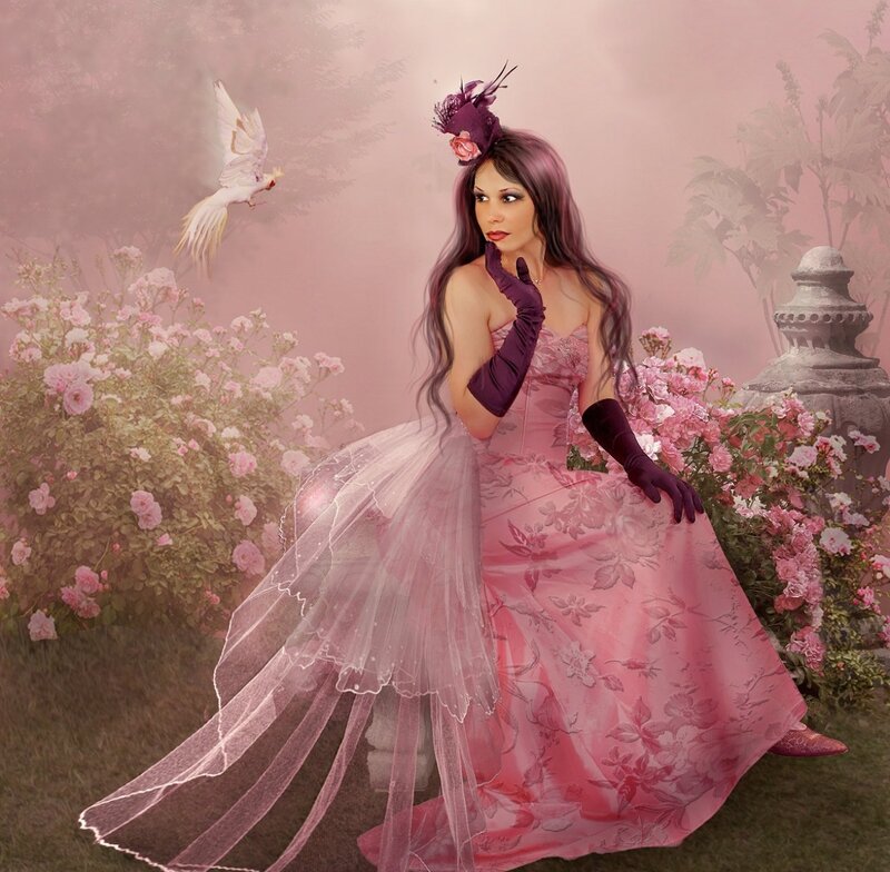 Woman in Pink Dress — Serene, Spring, Digital Art, Bird