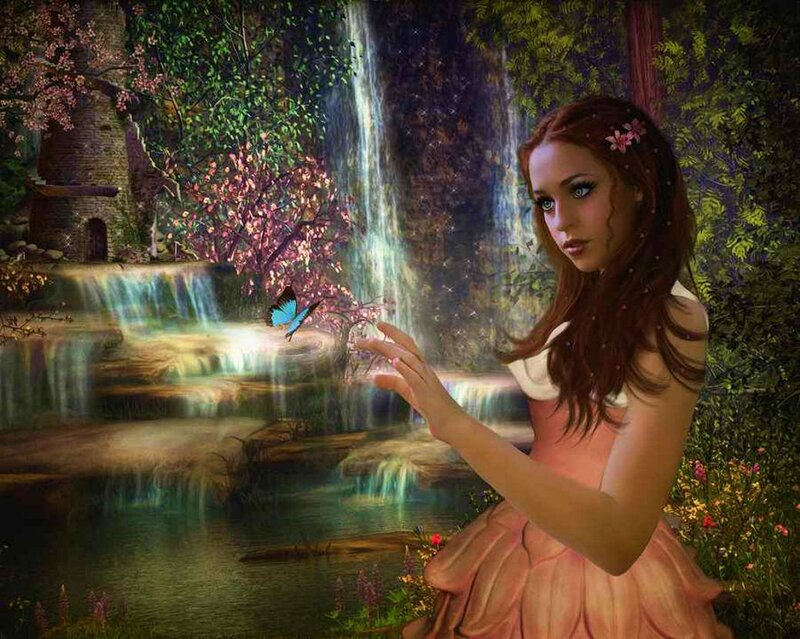 Woman in Pink Dress — Serene, Spring, Digital Art, Butterfly
