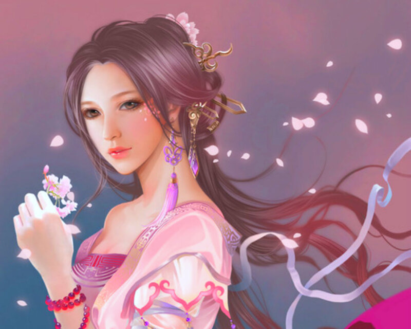 Woman in Pink Dress — Serene, Spring, Digital Art, Flowers, Hairpins