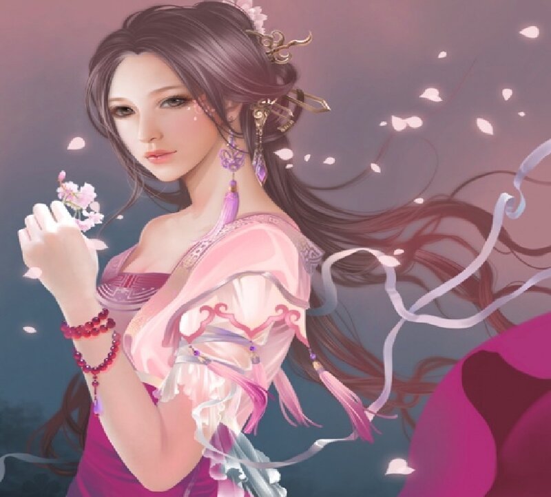 Woman in Pink Dress — Serene, Spring, Digital Art