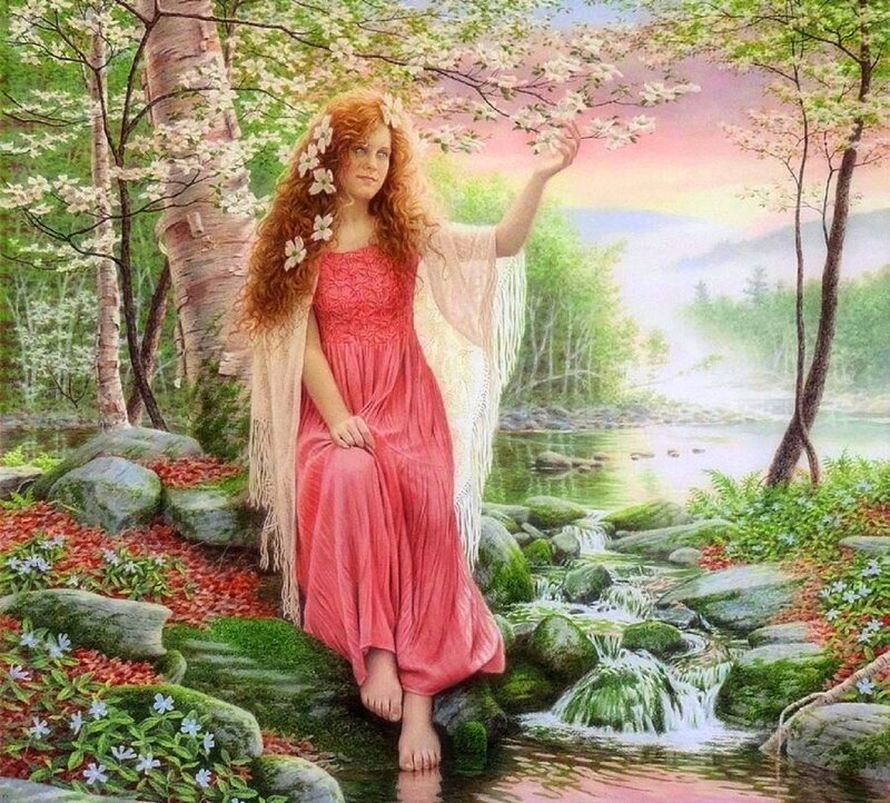 Woman in Pink Dress — Serene, Spring, Painting, River
