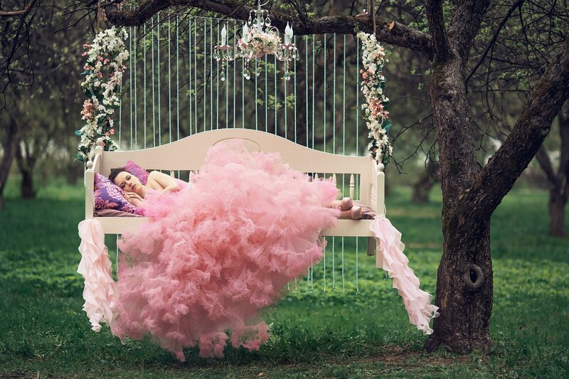 Woman in Pink Dress — Serene, Spring, Photograph, Bench